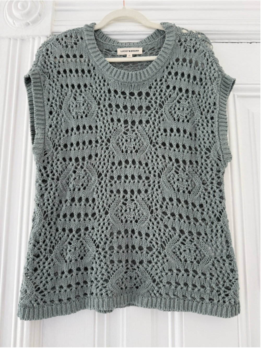 Women's Lucky Brand Green Crochet Knit Crew Neck Sweater Size L - Picture 10 of 10